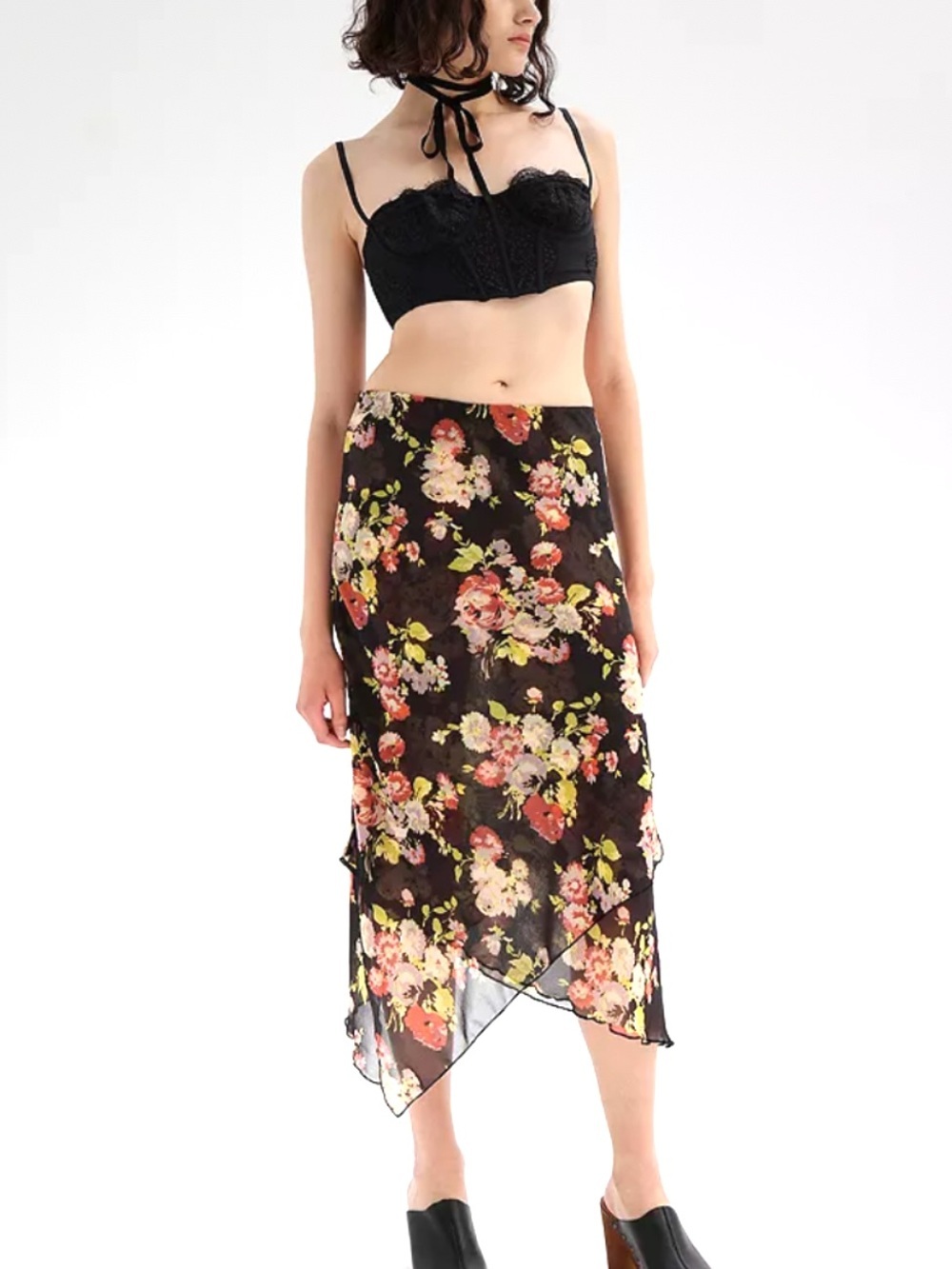 Urban Outfitters Black Floral Asymmetrical Handkerchief Skirt
